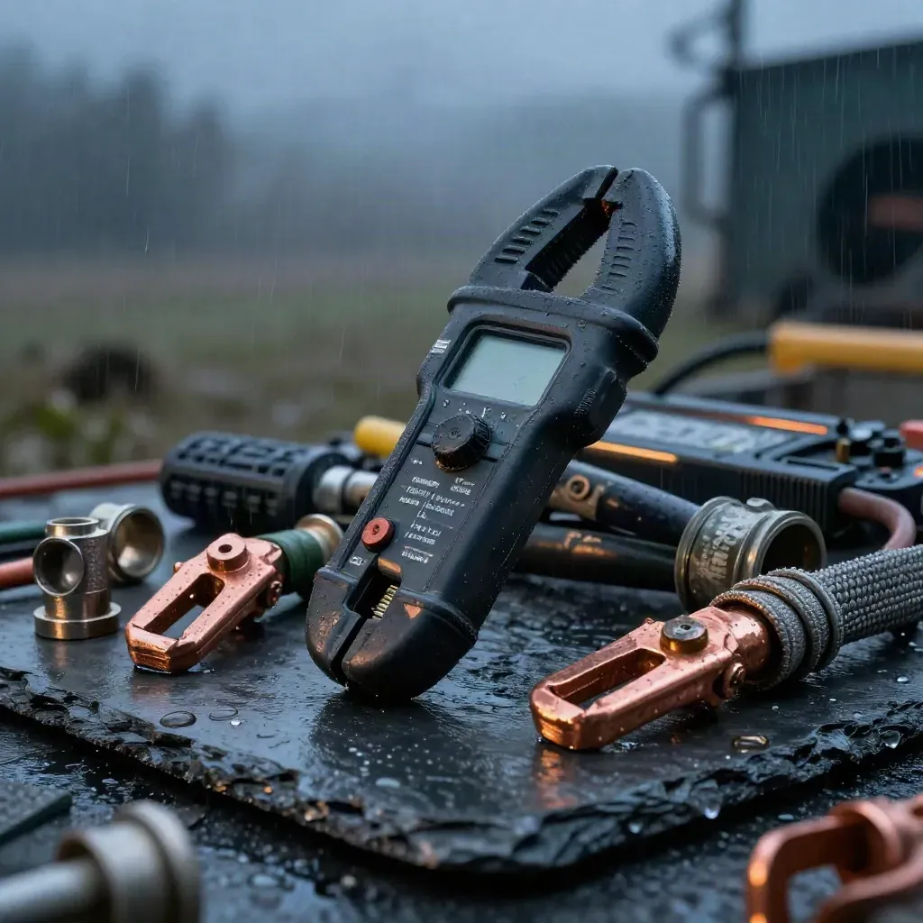 Rain-beaded energy audit tools on wet slate with mist and dramatic light