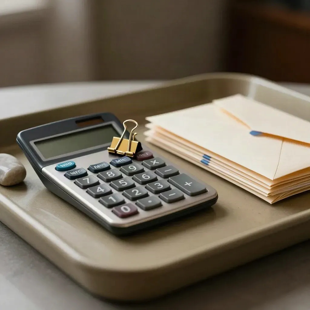 Close-up of calculator, filing clips, paperweight and sealed envelopes on a tray.