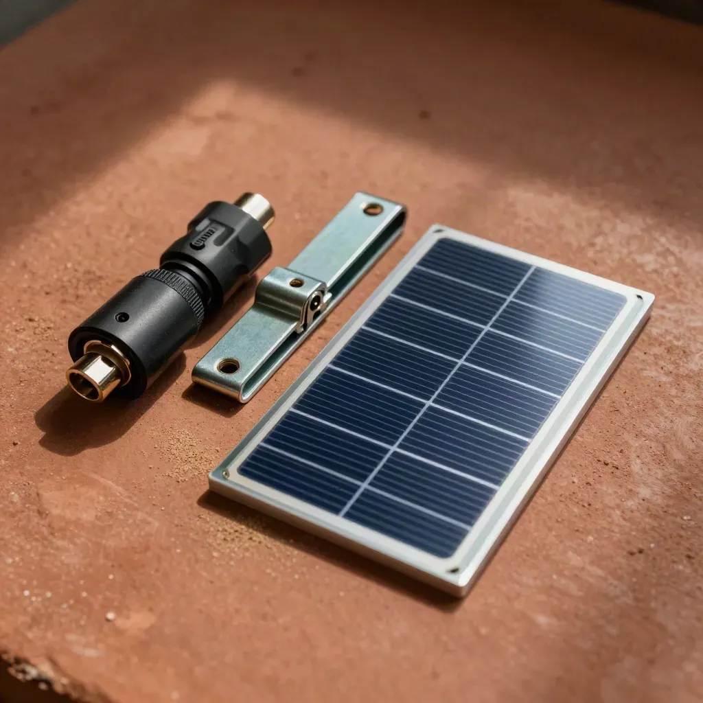 Solar connector sample set on terracotta clay under soft daylight, seen from above.