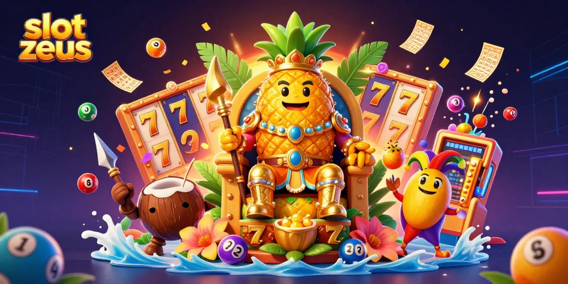 Experience the thrill of slot zeus in this vibrant casino scene featuring a golden pineapple king amidst colorful winnings.