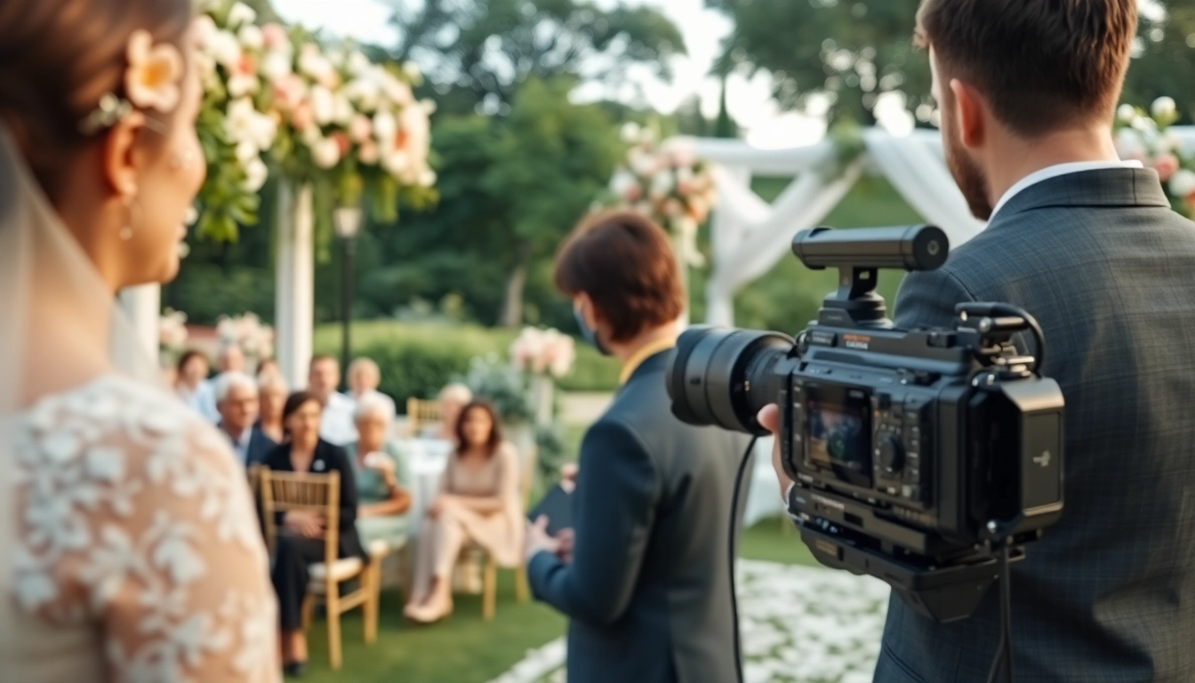 Capturing on-site videography of a couple's wedding ceremony surrounded by wedding guests.
