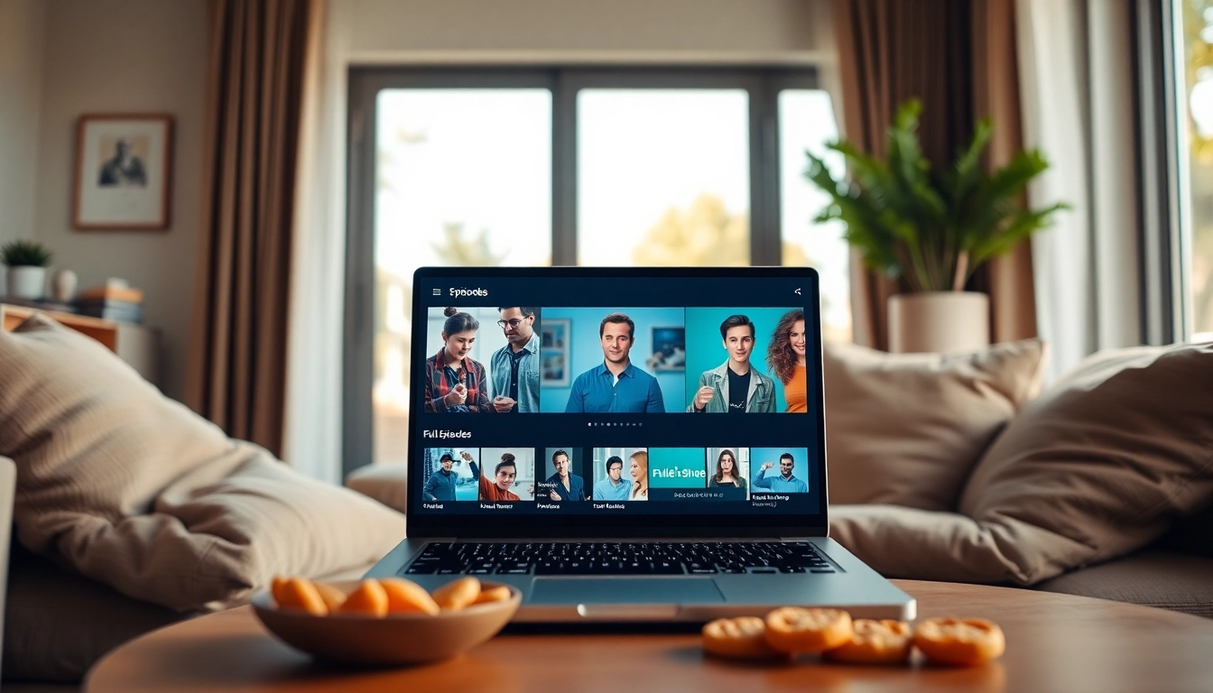 Stream and watch full episodes online in a cozy living room setup with snacks.