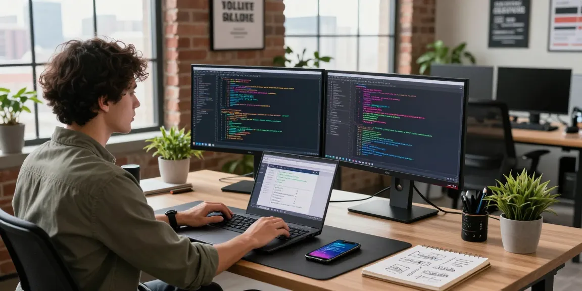 Developer coding at a modern desk in a vibrant tech workspace, showcasing 纸飞机官网 features.