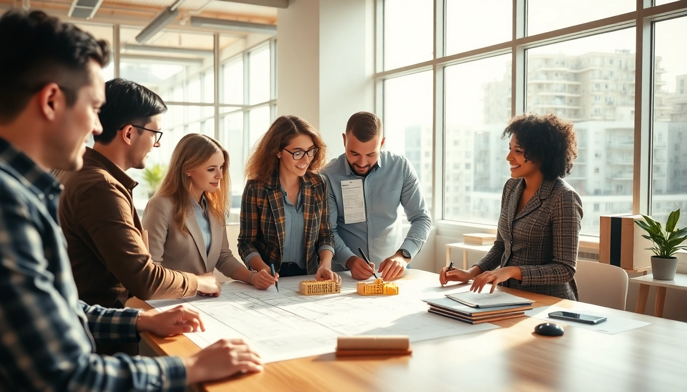 Architecture and engineering firm collaboration scene with a diverse team in action.