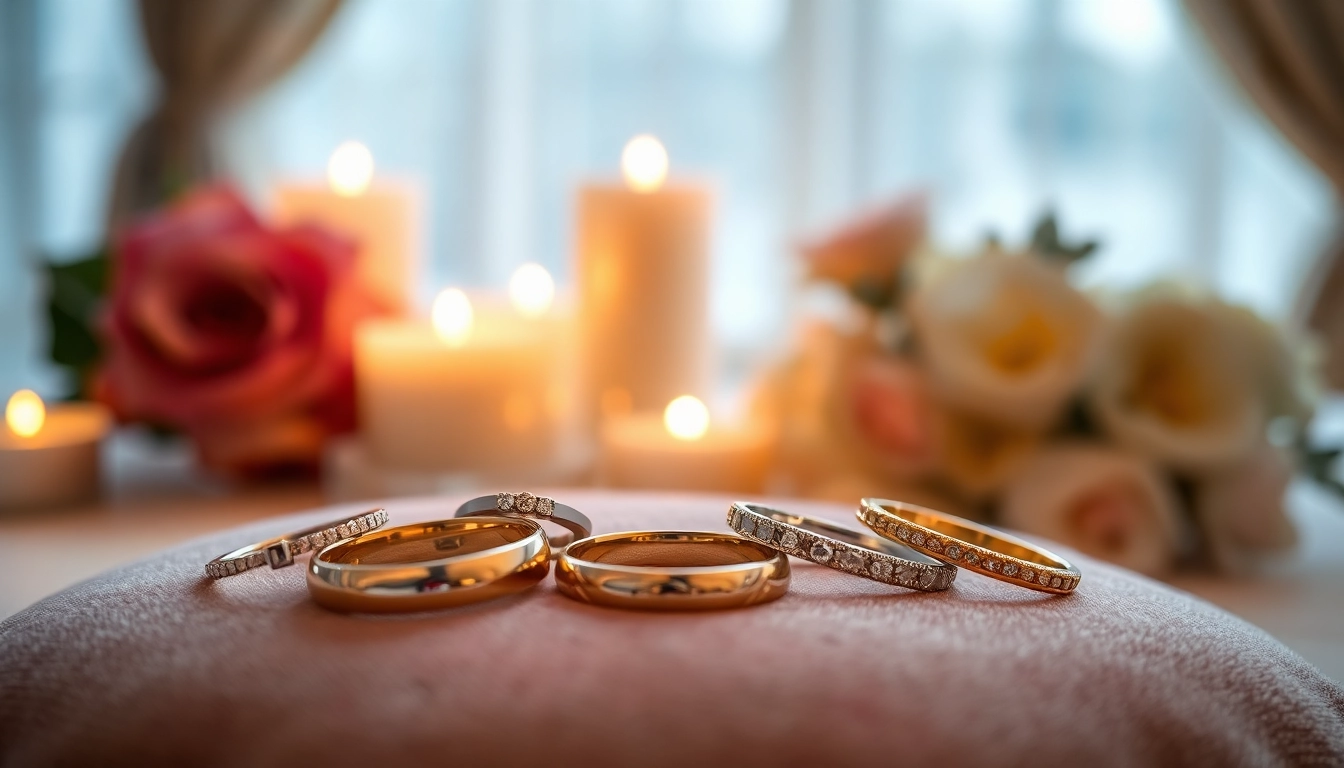 Showcasing exquisite wedding bands on a plush cushion, highlighting their stunning details.