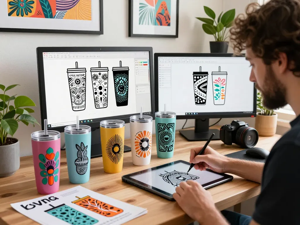 Artist creating unique tumbler designs with Svg files in a vibrant workspace.