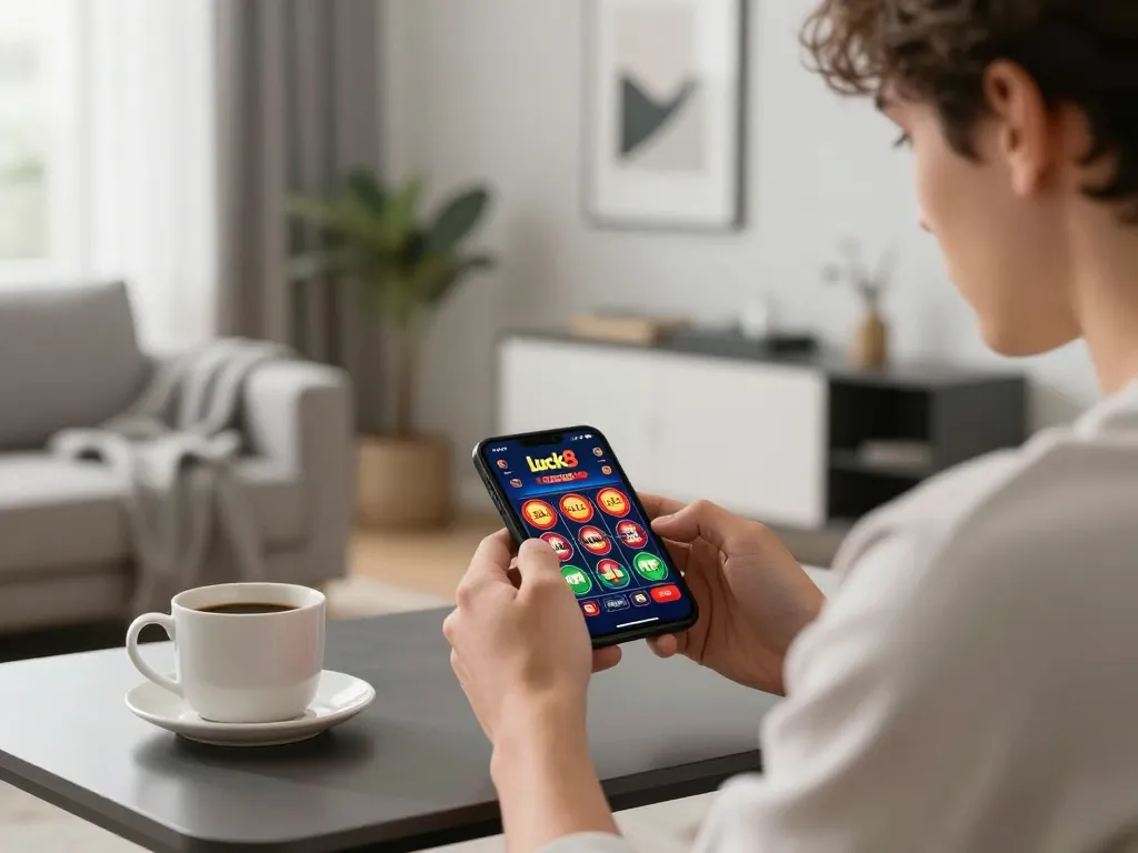 Engaging player exploring the luck8 casino app on smartphone in a stylish home setting