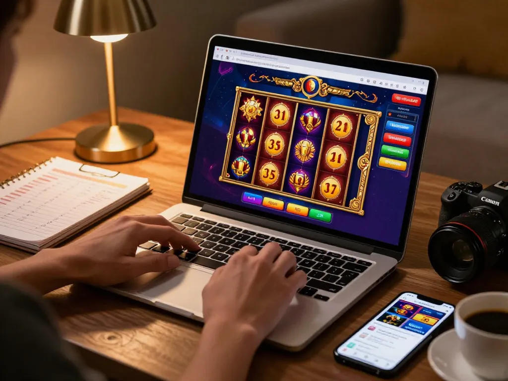 Enjoying the excitement of online slots on a laptop with strategic notes and mobile betting app, Link Gaco.