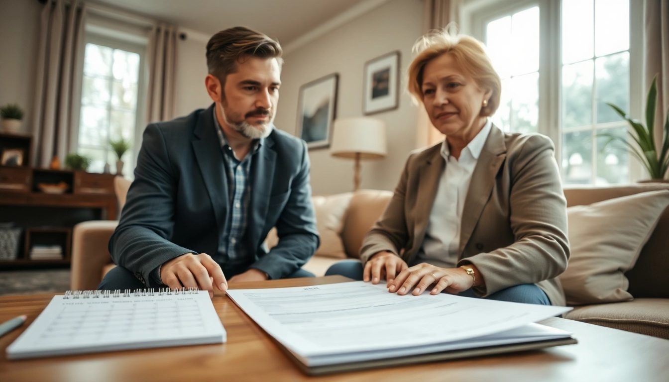 Discussing Property Insurance Claims in a bright living room with an expert and homeowner.