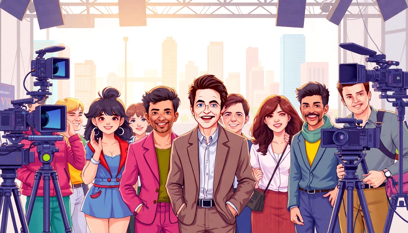 Actors on a vibrant film set showcasing diverse roles in หนังออนไลน์.