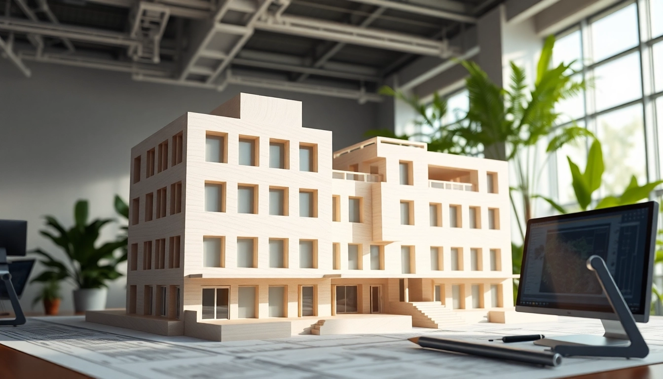 3D Visualisierung erstellen eines architektonischen Modells in einem hellen Büro mit Details.