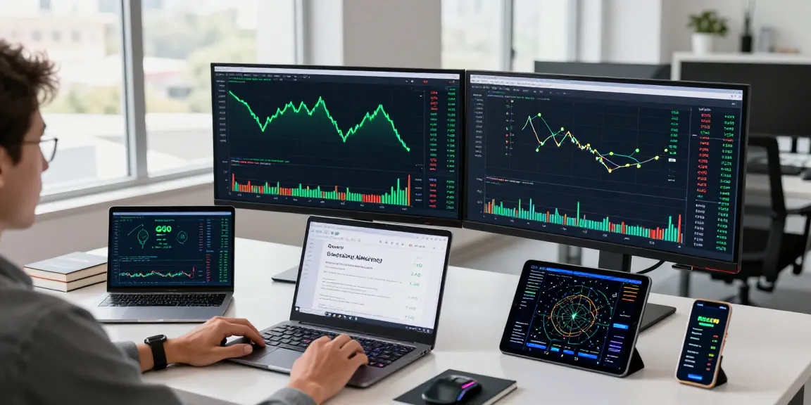 Green energy cloud mining workspace with dual monitors displaying cryptocurrency trading metrics and DeFi platform data.