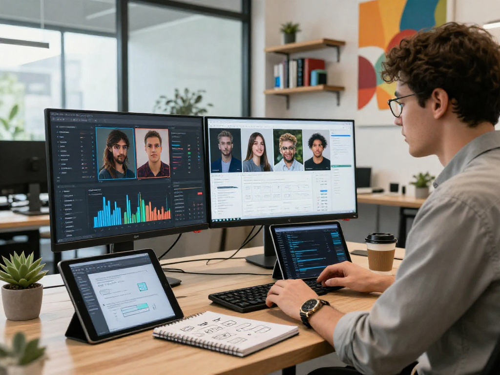 AI image detector technology in a modern workspace, with data analyst analyzing flagged images on multiple screens.