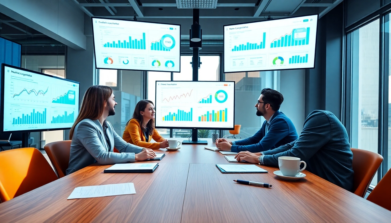 Utilize AI for competitor analysis with a team collaborating in a modern office setting.