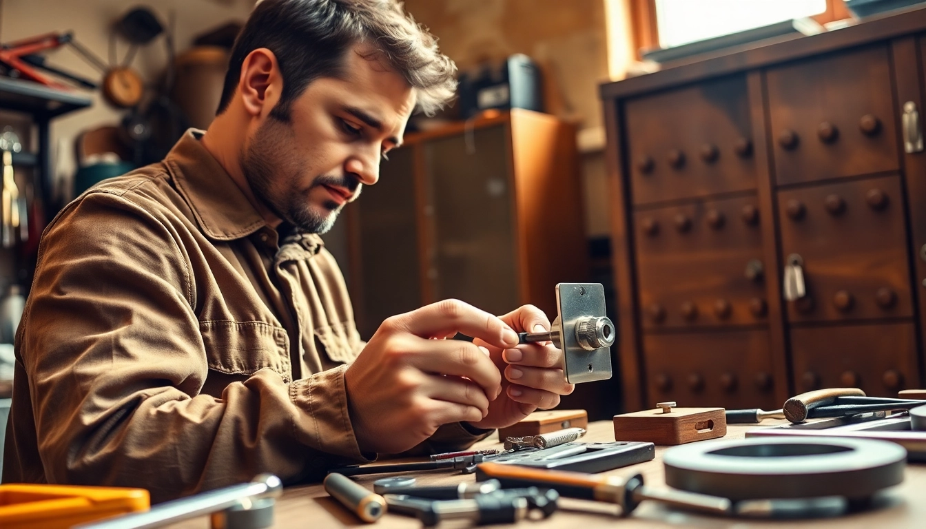 Durham locksmith repairing a modern lock in a bright workshop setting.