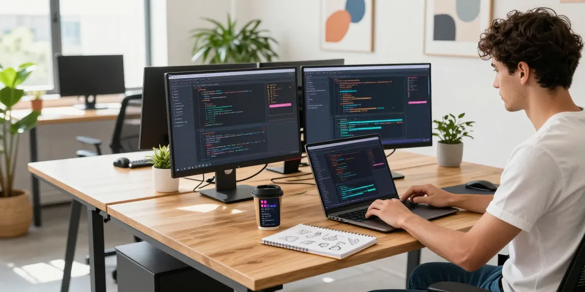 Active coding environment showcasing 纸飞机下载 on a developer's laptop amidst a modern tech workspace with collaborative elements.