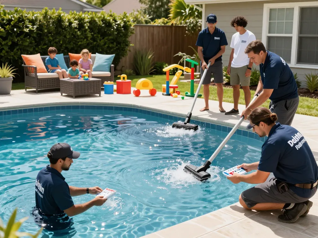 Dolphin Pool Services team performing pool maintenance in a sunny backyard setting, showcasing expertise and friendly service.