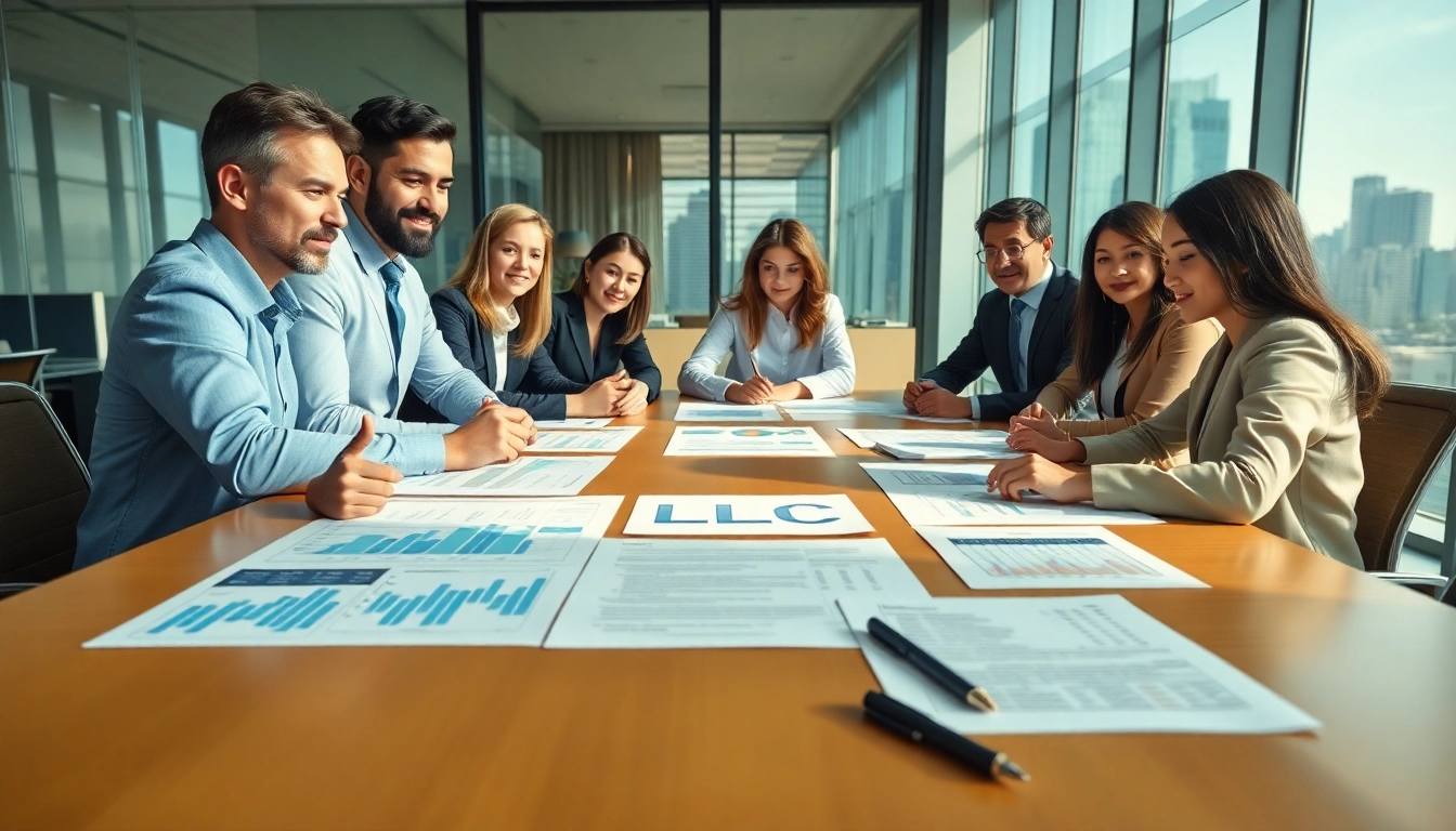 Create an LLC by professionals collaborating in a dynamic business meeting.