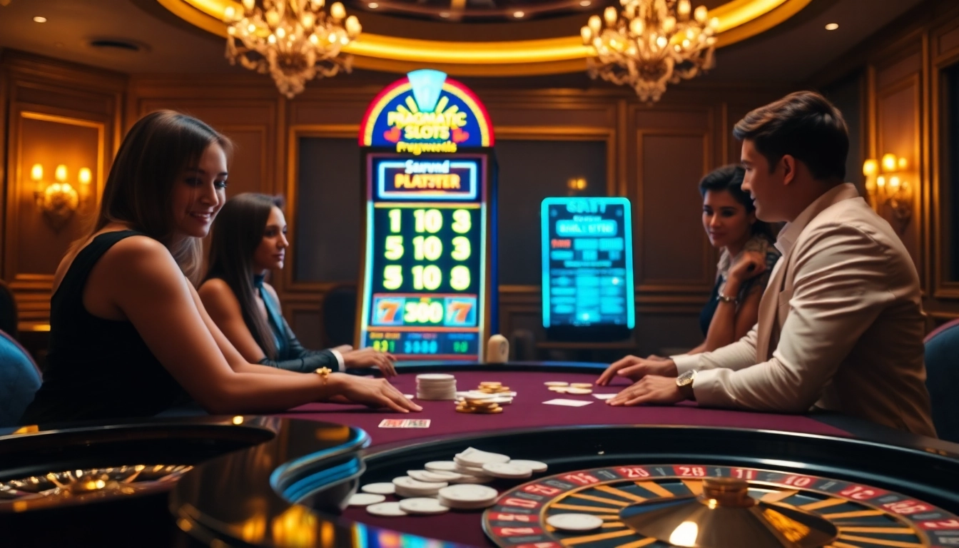 Glamorous casino scene showcasing players and a prominent pragmatic slot machine.