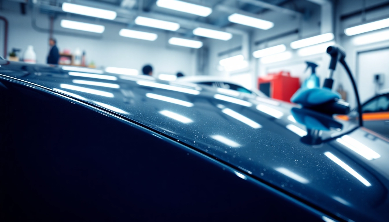 Experience a full car detailing service with professional tools and a gleaming vehicle in a well-lit garage.