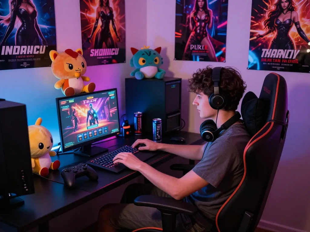 Playing free sex games on a laptop in a cozy, colorful gaming setup.