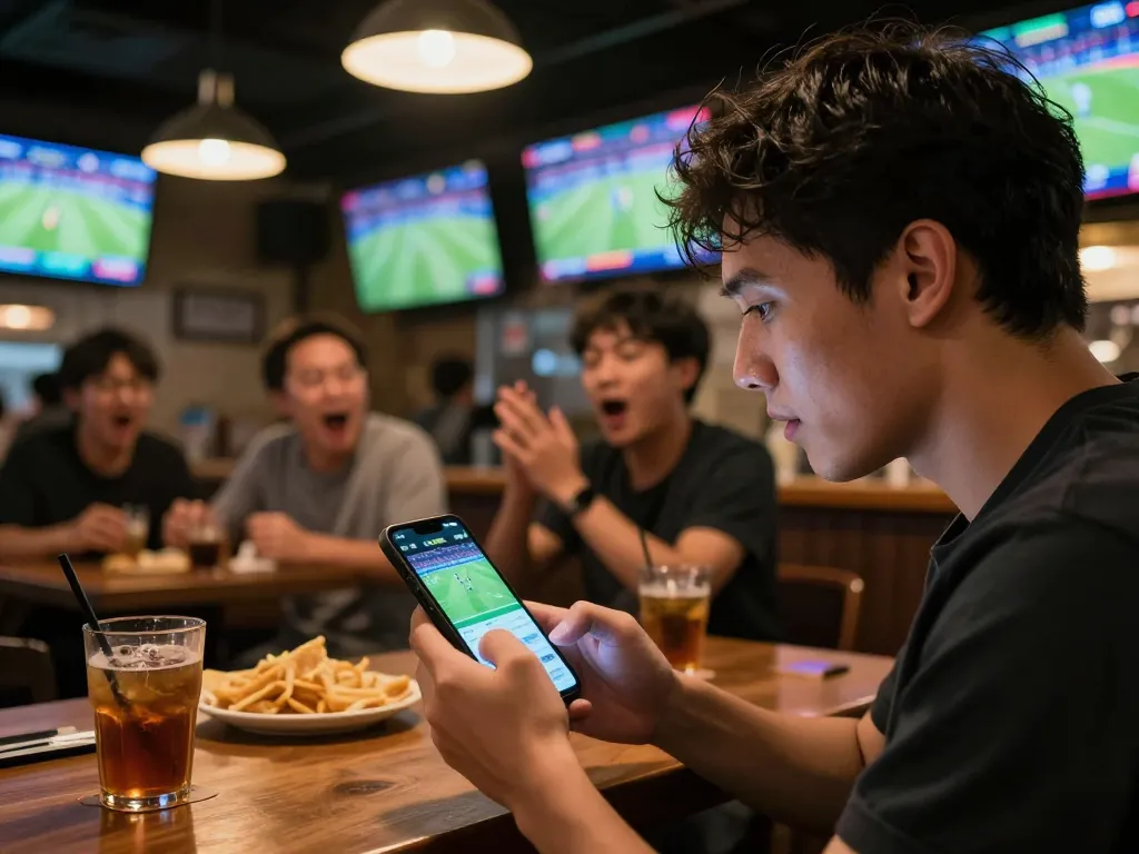 KÈO TRỰC TUYẾN monitoring live football betting odds on smartphone in a lively sports bar