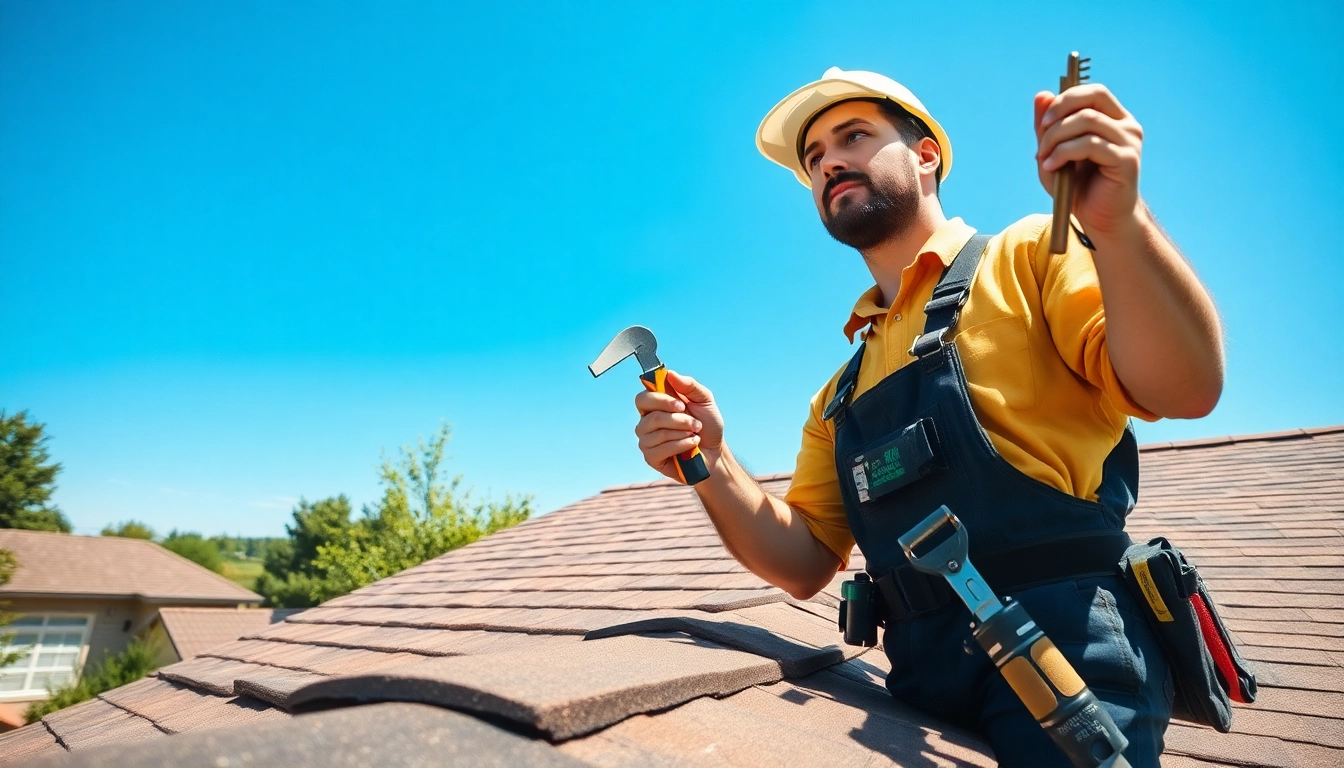 Roof repair expert examining a home roof, showcasing tools and bright surroundings.