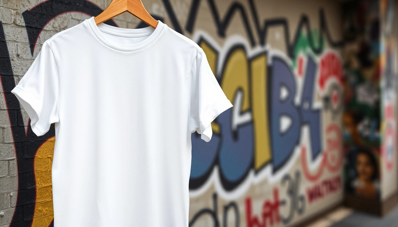 Showcase a blank white t shirt hanging artistically against a vibrant graffiti wall.