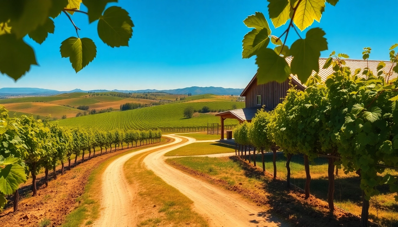 Explore vibrant vineyards in Clarksburg California with a rustic farmhouse and sunny backdrop.