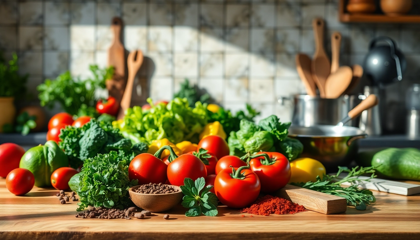 Discover dish facts through vibrant ingredients and cooking tools in a professional kitchen.
