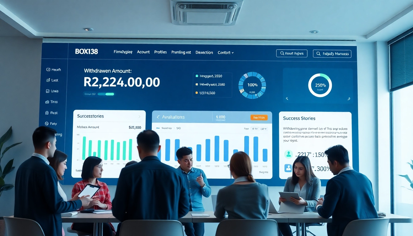 Users celebrating financial success on a BOX138 dashboard interface showing Rp 2.424.000,00 withdrawal.