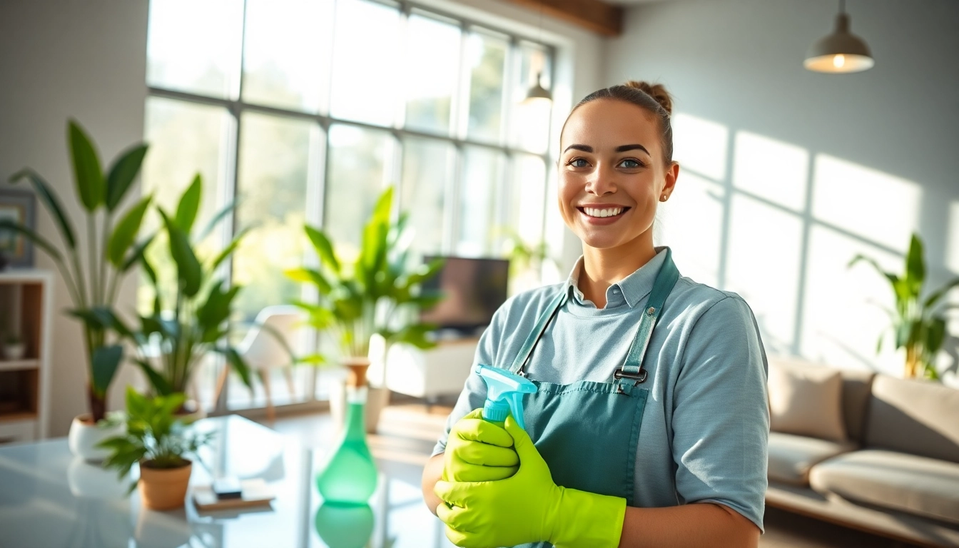 Engaging cleaning services near me with a professional team demonstrating eco-friendly techniques in a bright living area.