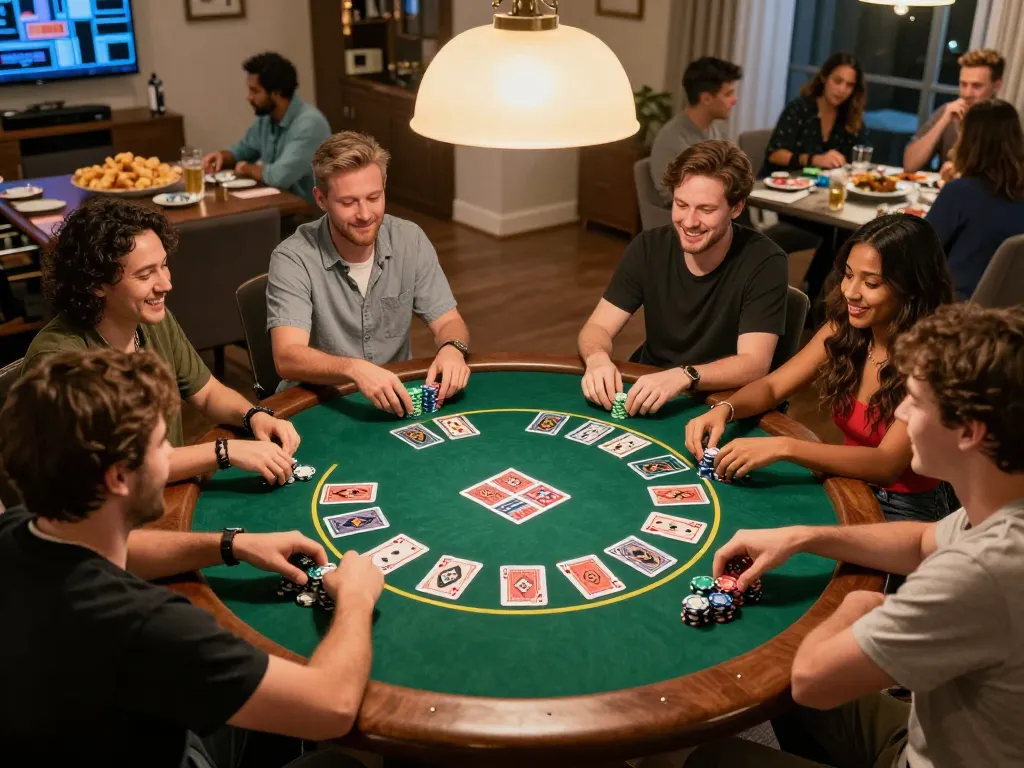 N188 poker night with friends at home, lively atmosphere around a round table.