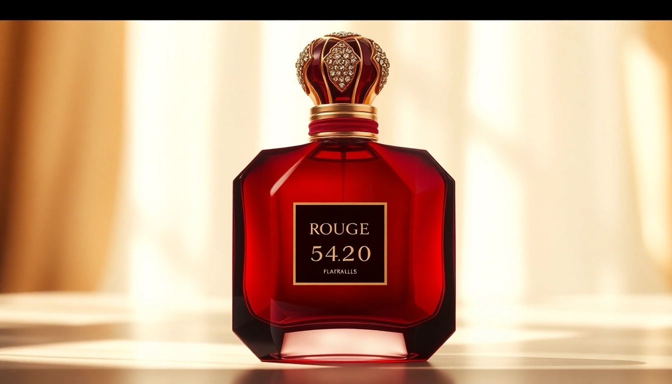 Showcasing a luxurious fragrance bottle representing Rouge 540 alternative amid an elegant backdrop.