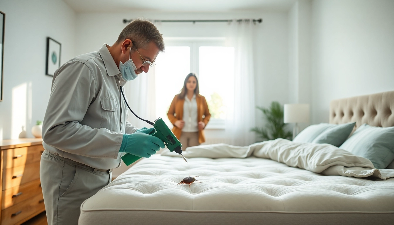 Efficient bed bug removal process being conducted by a technician in a clean bedroom environment.