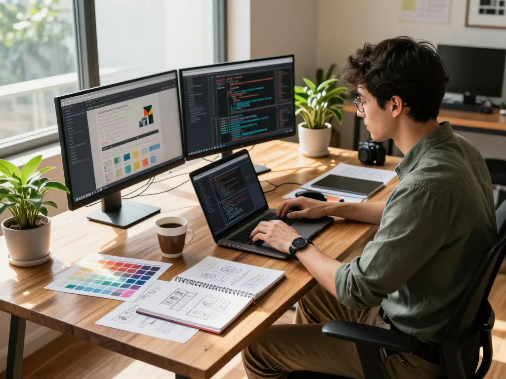 Freelance web developer Kuala Lumpur working on a modern creative design in a bright office.