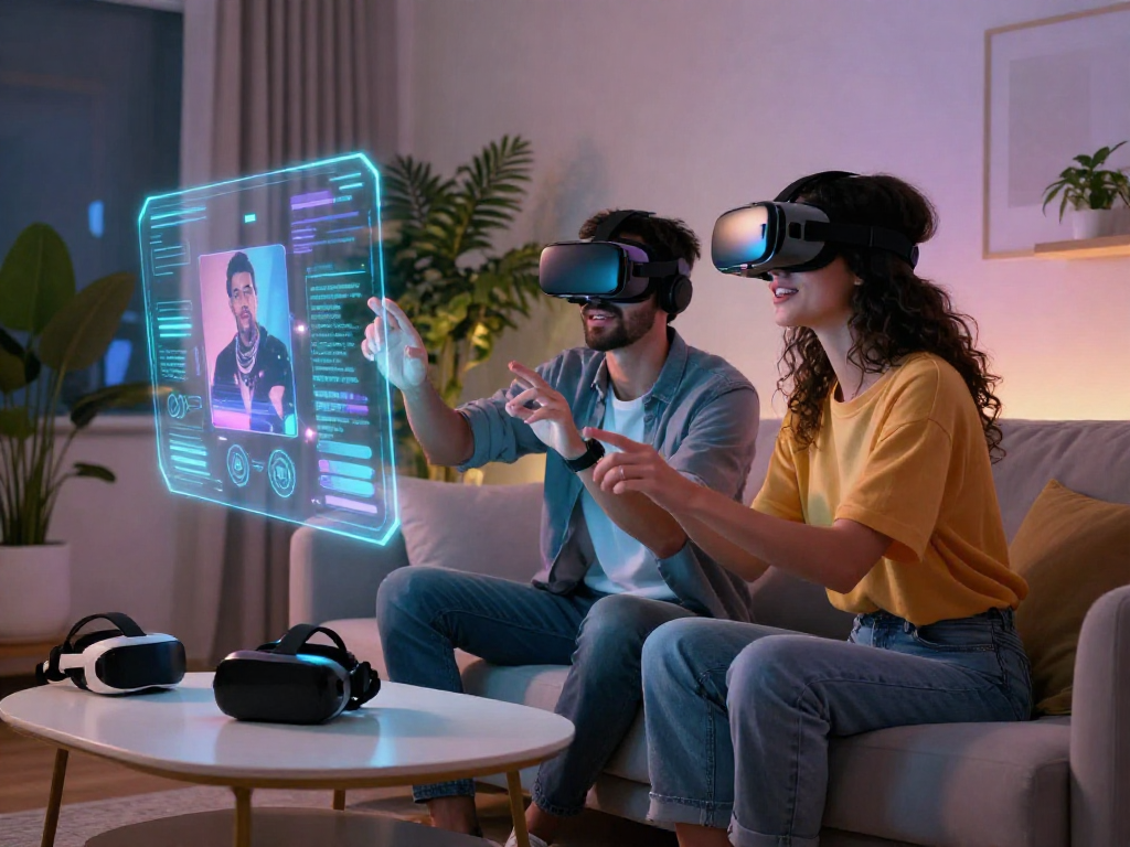 Couple engaging with AI porn through virtual reality, showcasing immersive technology in a cozy, intimate setting.