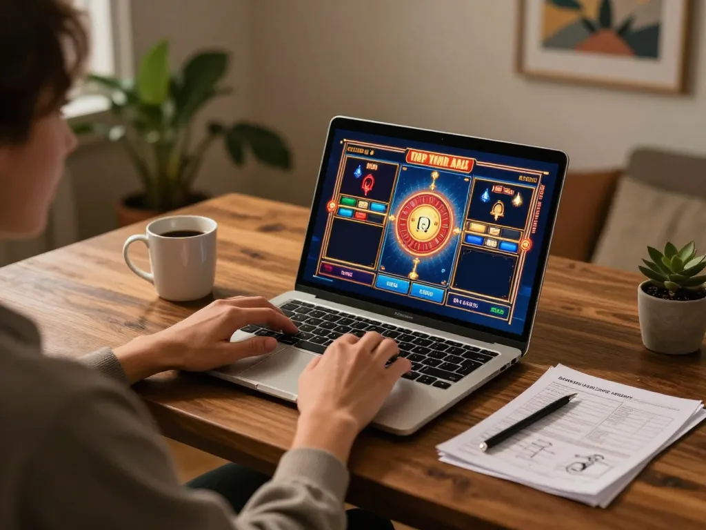 Engaging in สล็อต gameplay on a laptop in a cozy home setting, showcasing strategy notes and ambient lighting.