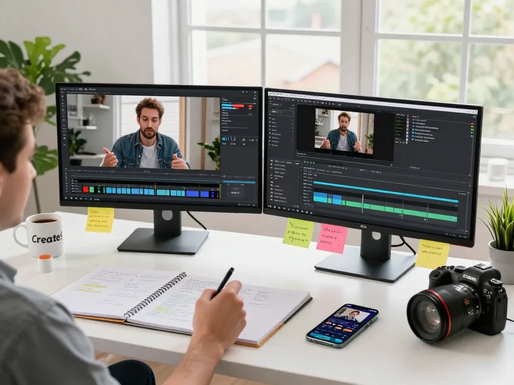 Content creator using video to prompt ai tools, analyzing video prompts on dual monitors.