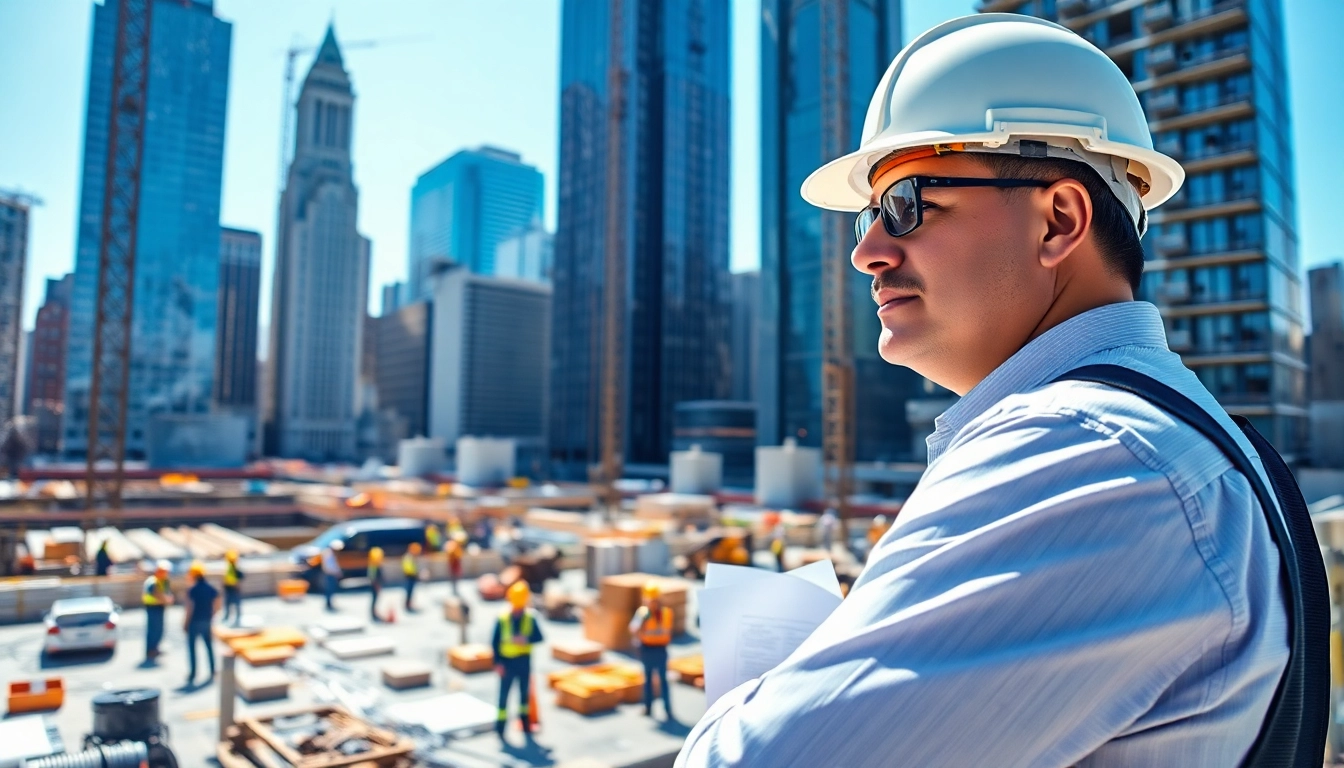 Manhattan Construction Manager supervising a construction project in a lively urban setting.