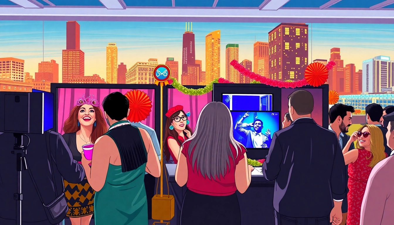 Guests celebrating at a photo booth chicago with vibrant props and decorations.