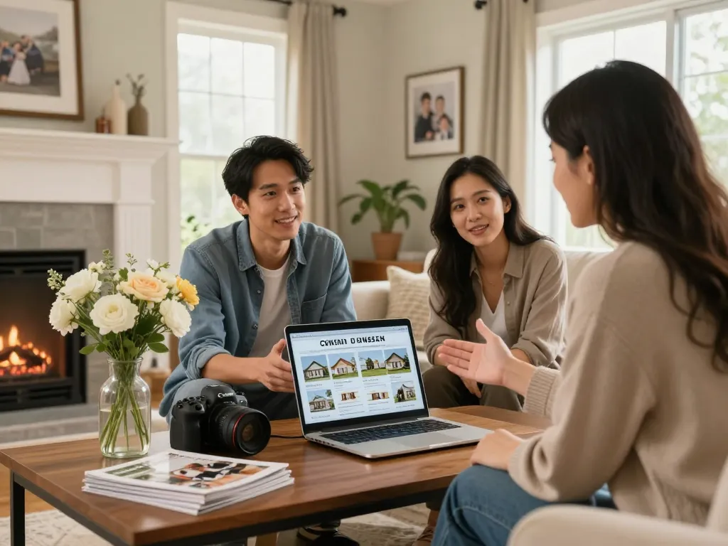 Sell my house fast for cash consultation with a homebuyer and homeowner discussing offers in a cozy living room.