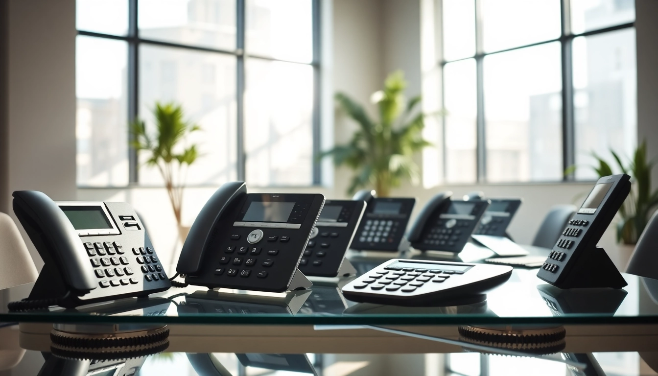 Explore top business phone providers featuring modern devices in a bright office setting.