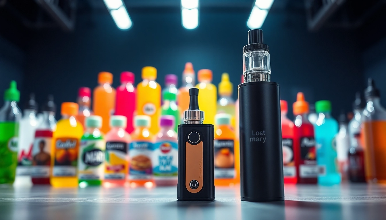 Showcase a lost mary vape device with colorful e-liquids, highlighting its modern design and vibrant options.