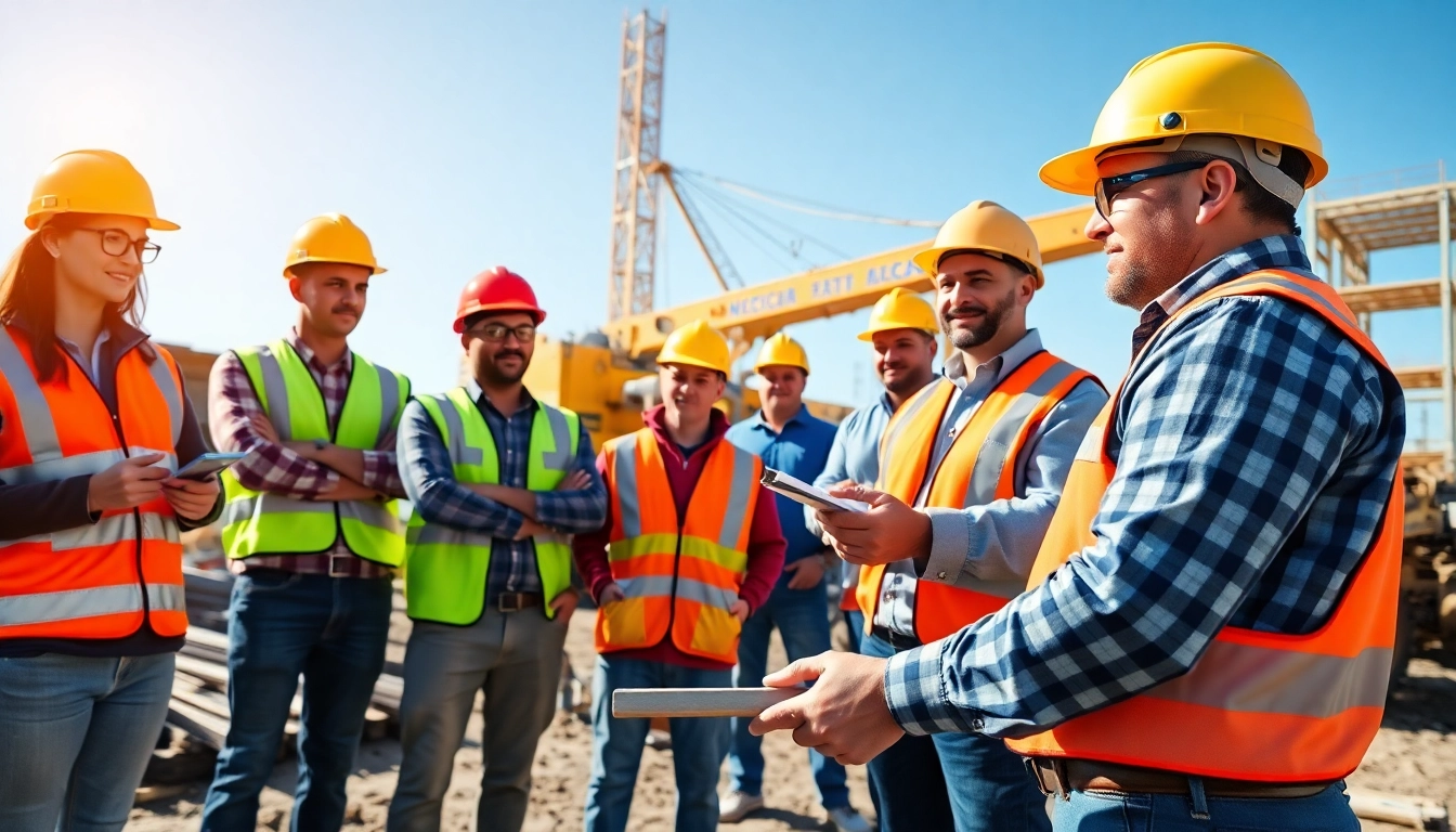 Training session for nccer certification with diverse workers on a construction site.