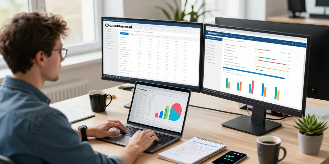 Digital marketing workspace with live analytics from scenadomen.pl and competitive reports.