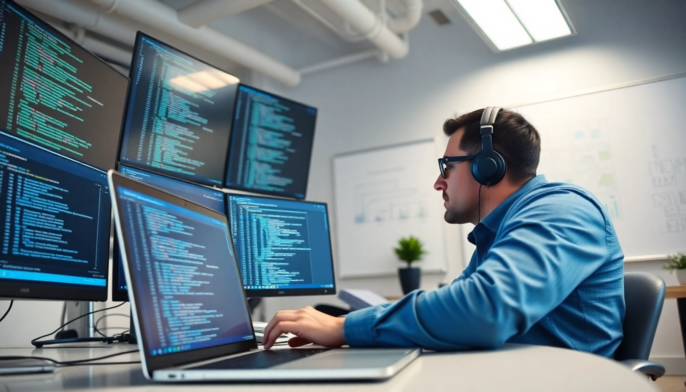 Software engineer actively using a test automation tool in a modern office environment.