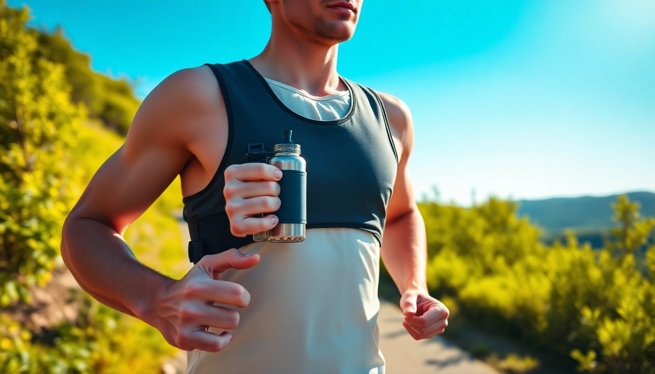 Active runner using a running vest with bottle, showcasing hydration and performance.