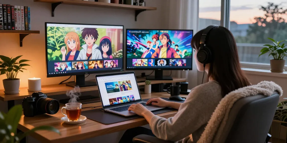 Penggemar anime menikmati streaming di AnimePlay dengan suasana nyaman dan banyak layar.