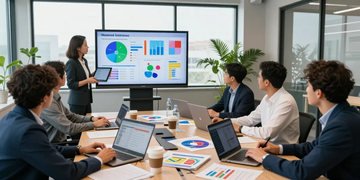 Political media buying agency team strategizing in modern conference room